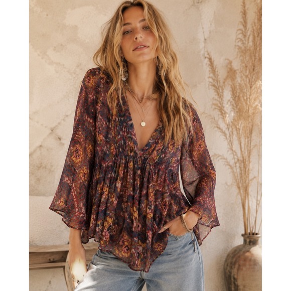 Elizabeth and James Tops - Elizabeth and James Silk Metallic Paisley V-Neck Bell Sleeve Blouse Small Multi